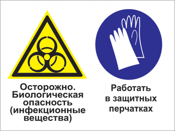 Кз 73осторожно - биологическая опасность (инфекционные вещества). работать в защитных перчатках. (пластик, 600х400 мм) - Знаки безопасности - Комбинированные знаки безопасности - магазин "Охрана труда и Техника безопасности"